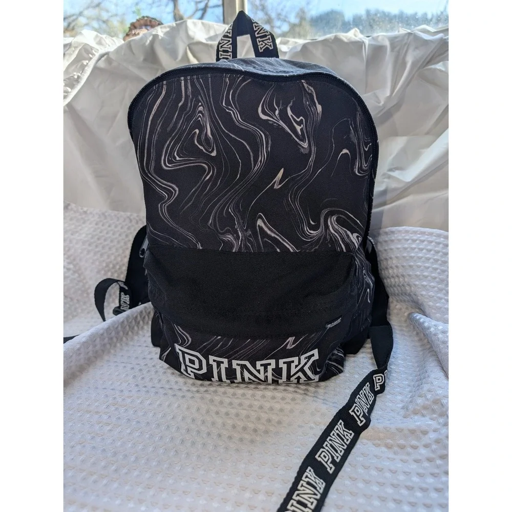 Pink Campus Backpack Victoria's Secret Black & White Marbled Logo Travel Bag 15
